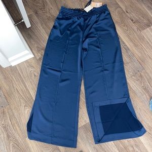 Lovely Blue Satin Wideleg pants. New never worn. Clean. Great for the Holidays!!